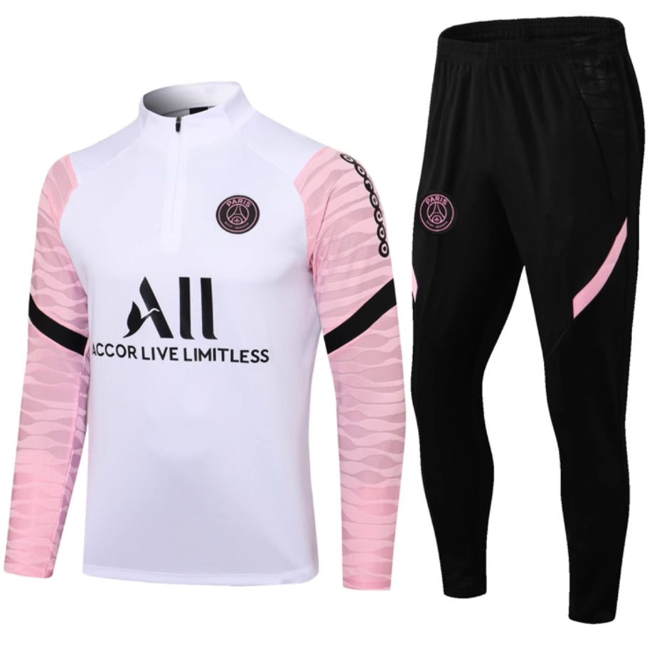 white and pink football tracksuit